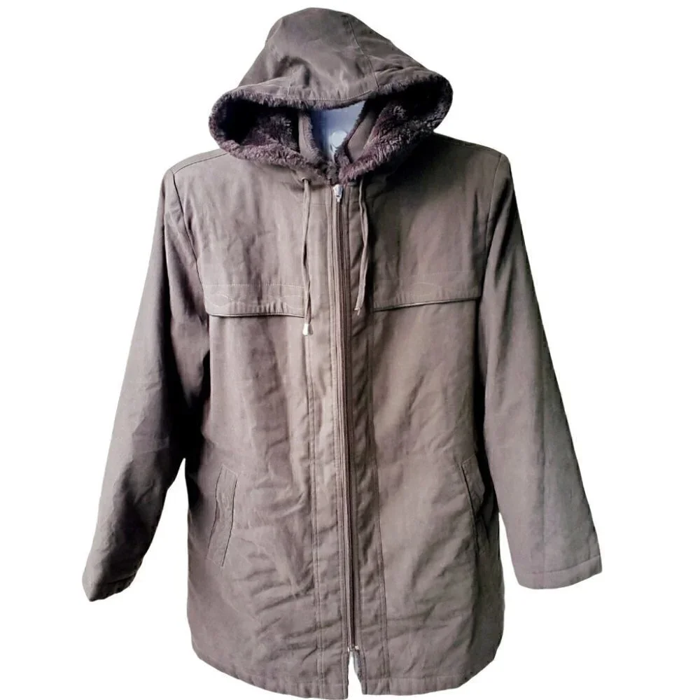 ALIA Khaki Green Hooded Fur Double Zipper Winter Jacket Size L - Picture 2 of 8